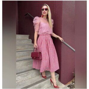 Eva Franco Anthropologie Red Pink Gingham Mid Skirt NWT 10P
